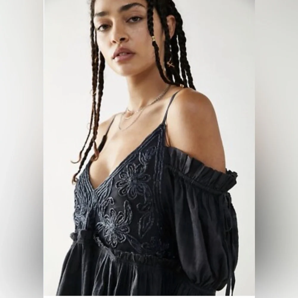 Free People Smocked Off / Cold Shoulder Dark Navy V Back Mini Dress - Picture 2 of 6